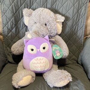 Adorable Squishmallow Purple Owl and Gray Elephant Plush Toy Duo